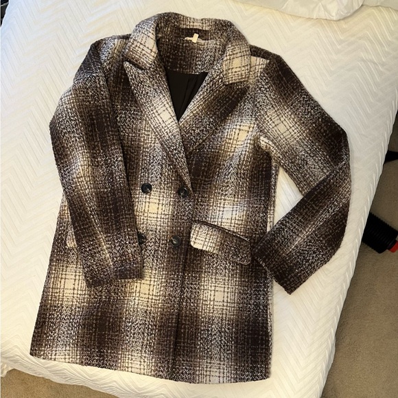 Mystree Jackets & Blazers - Mystree Brown and Cream Plaid Pea Coat